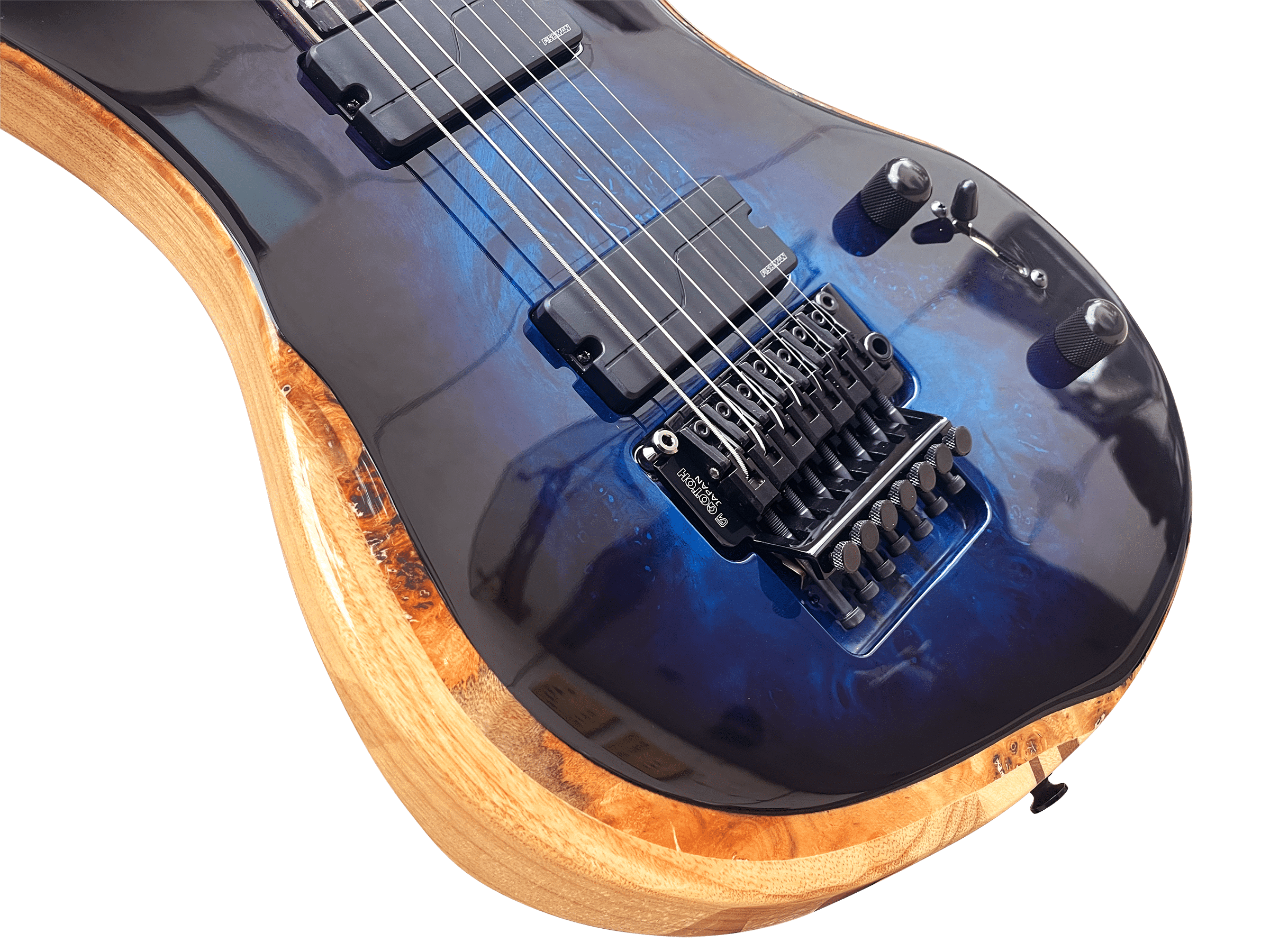 Spring BH 7 Poplar Burl Blueburst - 10S Guitars, Fishman, Floyd Rose, Baritone